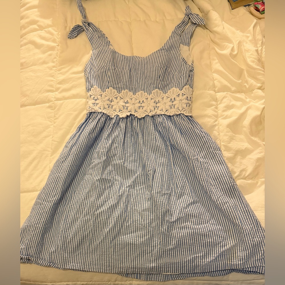 Lilly Pulitzer Blue & White Seersucker Dress with Lace Waist